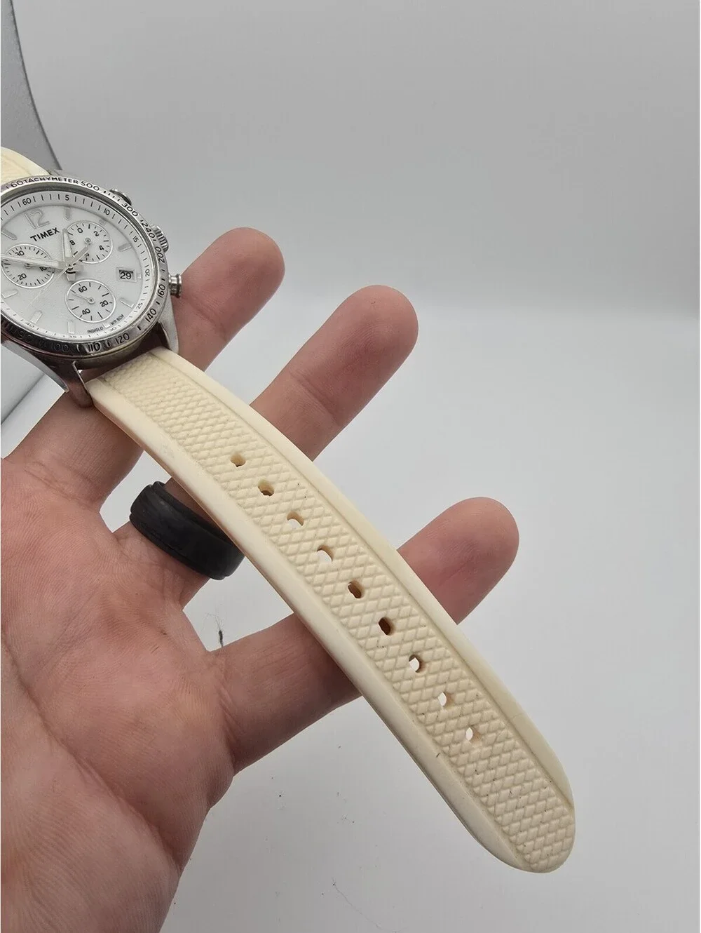 Timex Indiglo Quartz Analog Chronograph Date Tachymeter White Strap 50m